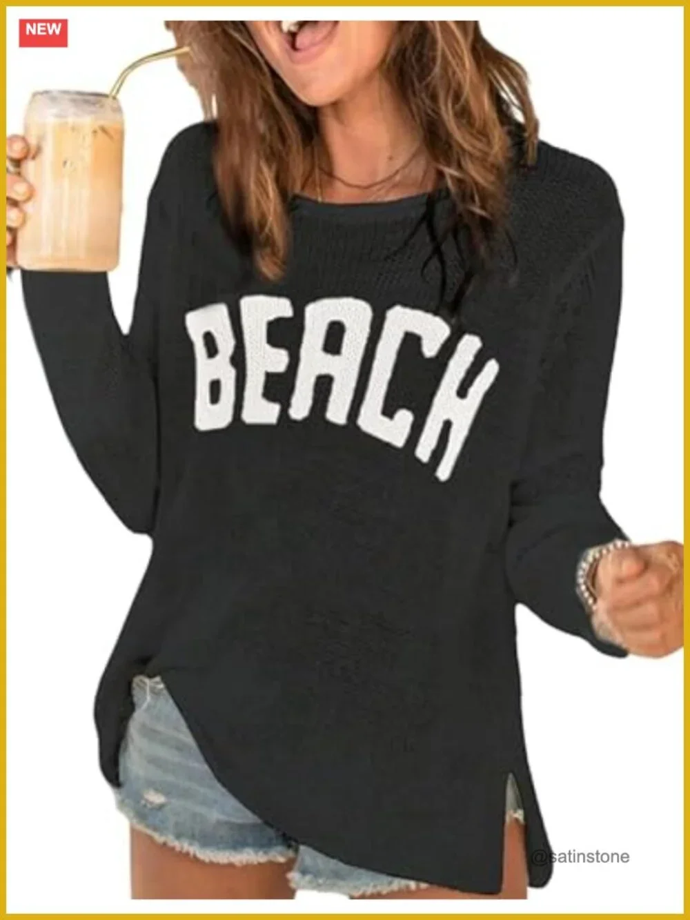 Women's Letter Print Crochet Cover Up Long Sleeve Split Hem Pullover Sweater